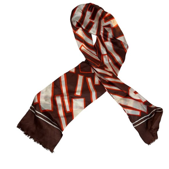 Fall brown Orange vintage 100% SILK fringe trim 60s mod print scarf ASNEW - Picture 1 of 5